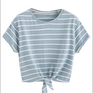 blue and white striped cropped tie front shirt